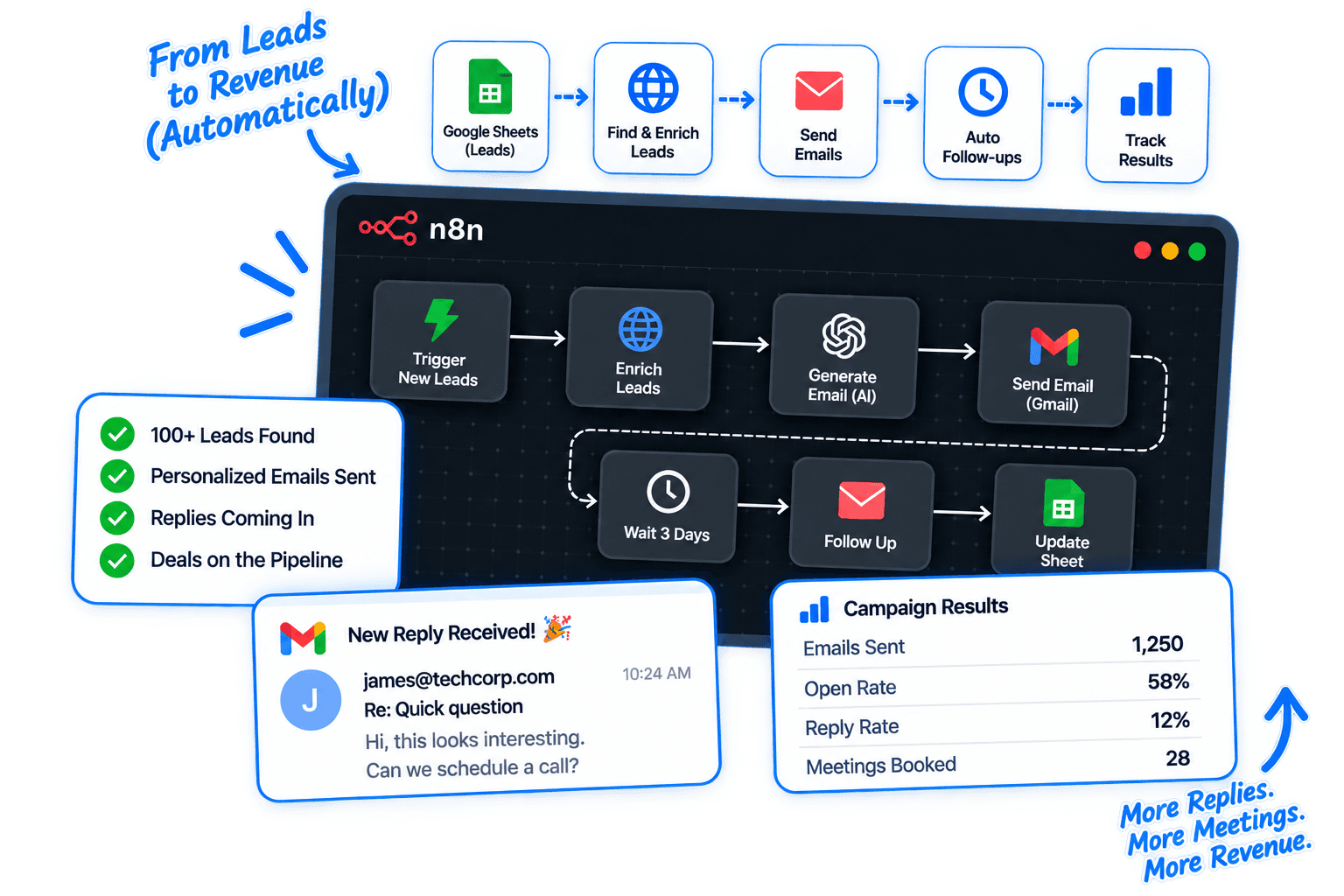 Cold Outreach Automation System visual: n8n-based research, personalization, follow-up and reply tracking